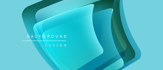 Abstract layered shapes, turquoise hues, modern design. Background features glossy effects, gradients, text elements. Simple, clean aesthetic.