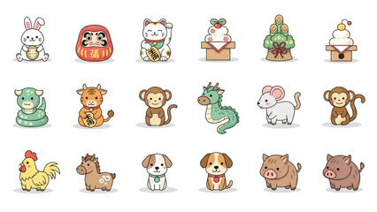 Naklejka premium Cute cartoon animals in a variety of species and colors