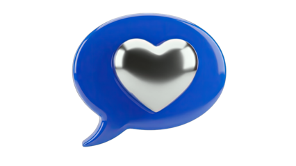 3D Rendered Blue Speech Bubble with Silver Heart on White