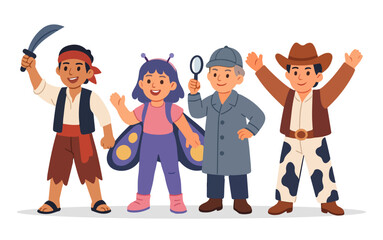 Four Cheerful Children Playing Adventure With Pirate, Detective, And Explorer Costumes.