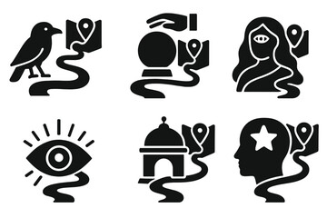 Mystical Divination Icons. Solid style icons of divination travels: augury trek, predictive voyage, clairvoyant expedition,