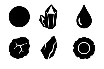 Rare Element Icons. Solid style icons of rare element design: ytterbium sphere, lanthanum crystal, neodymium shard, cerium droplet