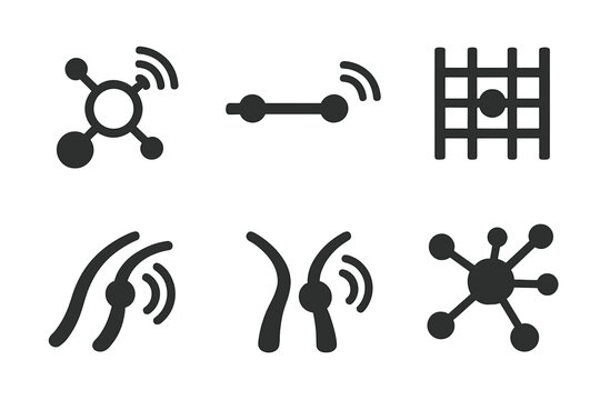 Sonic Reception Icons. Solid style icons of sonic reception motifs: lattice hub, framework channel, grid pathway, furrow conduit,