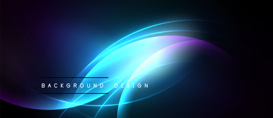 Abstract neon lines create flowing shapes. Dark background emphasizes bright blue, purple glow. Modern design element.
