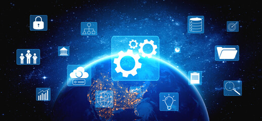 A concept of business operations and enterprise system integration. The components of a company including security, data, and cloud infrastructure. Motif