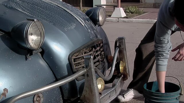 Manual Car Wash on Classic Vehicle, Vintage Automobile Front Detail, Soap and Water - 4K