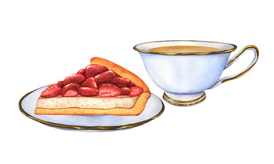 Cup of tea and Strawberry pie slice. Watercolor illustration of tea with dessert. Ceramic porcelain cup of tea and strawberry pie on a saucer. Slice of delicious cake with tea. Illustration of tea