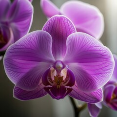 Close up of vibrant purple orchid flower with delicate petals