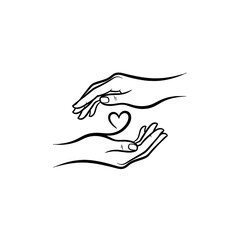 Line art illustration of two hands gently holding and protecting a small heart, symbolizing care, love, and compassion.