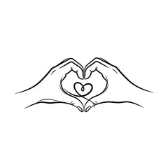 Line art drawing of two hands forming a heart shape with a continuous line heart inside, symbolizing love and connection.