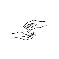Minimalist line art illustration of two hands exchanging a heart, symbolizing love and care.