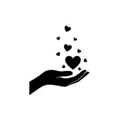 Black silhouette of an open hand holding and releasing multiple heart shapes, symbolizing love, care, and giving.