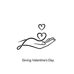 A minimalist line art drawing of an open hand holding two hearts, symbolizing giving and love, suitable for Valentine's Day.