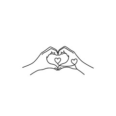 Line art illustration of two hands forming a heart shape with two smaller hearts inside, symbolizing love and connection.