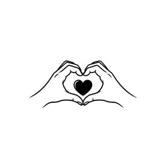 Black and white line art illustration of two hands forming a heart shape with a solid black heart icon in the middle.