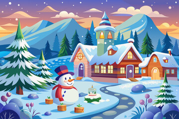 vector of Beautiful and white nature and a snowman made in the snow.