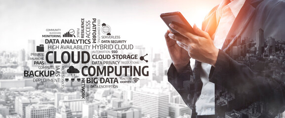 A business professional interacts with a smartphone amid cloud computing concepts, illustrating modern technology integration in urban life and data management. Tessel