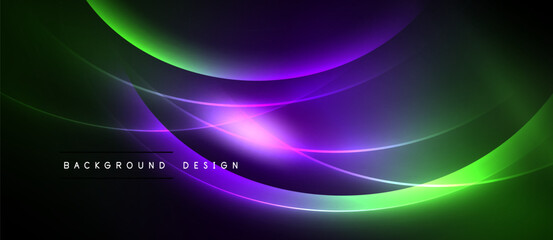 Abstract background features flowing curves, vibrant green, purple hues. Dynamic light effects create modern design element.