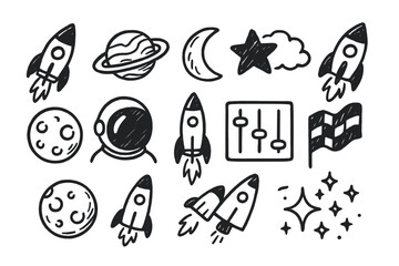 Obraz premium Space adventure silhouette icon set. rocket, planet, helmet, crescent moon, star, cloud, flag, stars, control panel