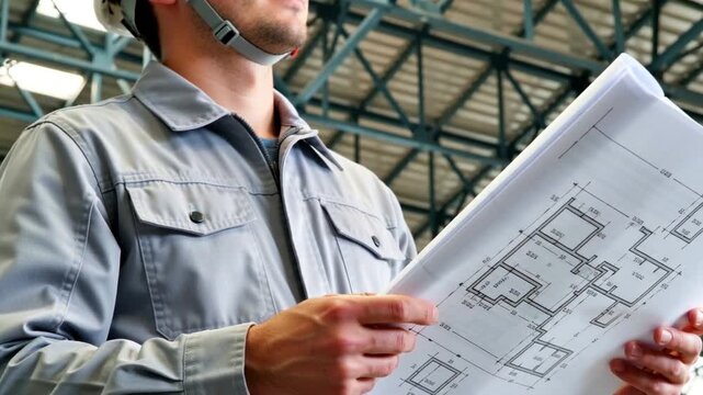 工場・建設現場で設計図を確認する技術者の業務シーン