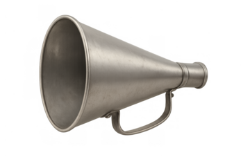 Vintage metal megaphone on transparent background communicating urgency, protest, and public address