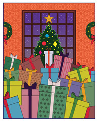 A pile of gifts blocking the view of a Christmas tree.