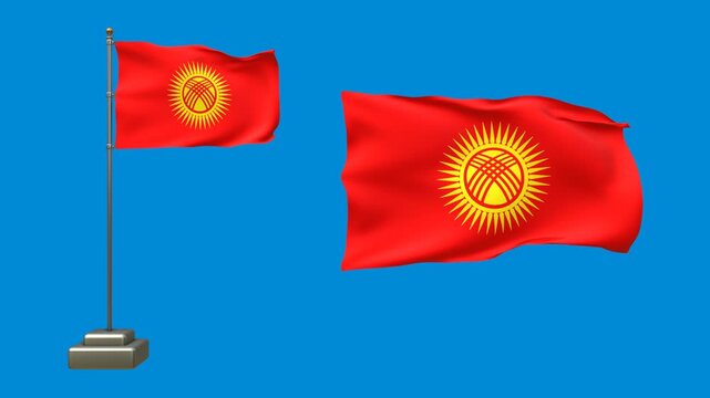 Waving Kyrgyzstan Flag 3D Animation Featuring Sun and Tunduk on Blue Key Background