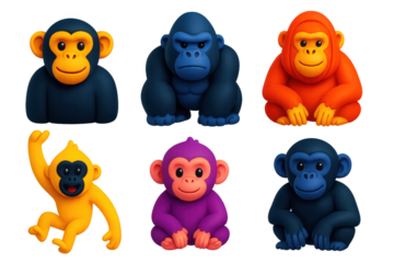 Set of six different colored monkeys, each with a different expression