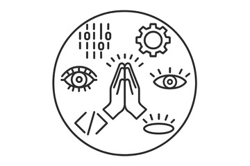 Fototapeta premium Techno Prayer Icons. Line style vector icons of Machine Prayer: folded hands, data rain, glowing eyes, metallic sun, mirrored code