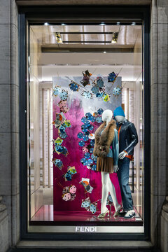 Window display with Fendi clothing and accessories.