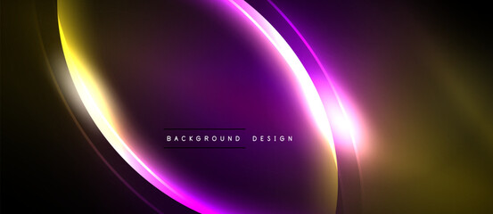 Abstract background features glowing curves. Purple, gold hues blend into dark space. Modern design element for digital projects.