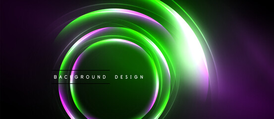 Abstract neon circles overlap, creating vibrant green, purple glow. Dark background emphasizes luminous design elements. Modern, dynamic composition.