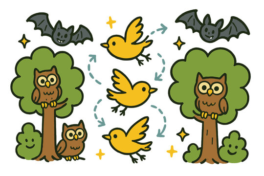Predation Evasion Doodles. Cheerful doodle predation avoidance illustration with happy birds, cartoon owls and bats peeking,