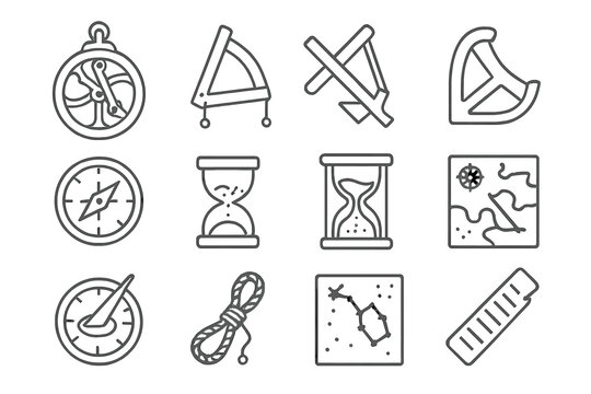 Navigation Tool Icons. Line style icons of navigation tools: astrolabe, quadrant, backstaff, cross-staff; compass, lodestone,