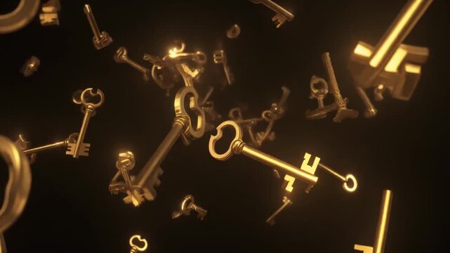 Retro vintage gold keys flying in dark. Volumetriclight, shine. Secret. Realistic 4K animati.