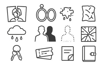 Fototapeta premium Fragmented Memories Icons. Line style icons of fragmented memory: torn photo, broken locket, bloodstain, crumpled note; rain cloud