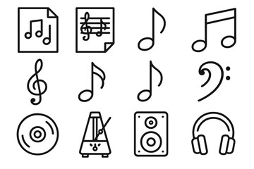 Fototapeta premium Music linear icon set. featuring sheet, note, clef, cd, metronome, speaker, and headphones icons