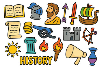 History flat icon set. featuring book, helmet, bust, sword, ship, scroll, coins, cannon, castle, and more.