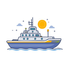 Obraz premium Cruise Ship Sailing on Ocean Water Under Sun Flat Vector Illustration
