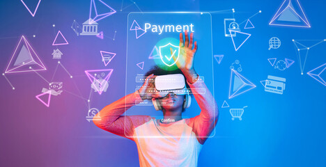 Explore the concept of modern digital payments in a cashless society. The image illustrates virtual reality technology facilitating secure online transactions and shopping experiences. XDMCP