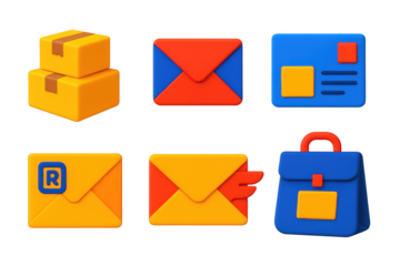 Set of six different colored envelopes and a briefcase