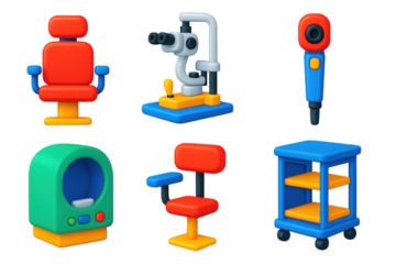 Set of six medical equipment and furniture, including a chair, a table