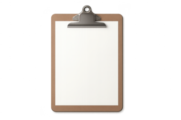 Clipboard with blank paper on transparent background for presentation.