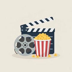 Movie night setup with popcorn and film reel on light background