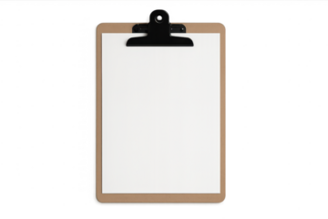 Clipboard with blank white paper on transparent background mockup.
