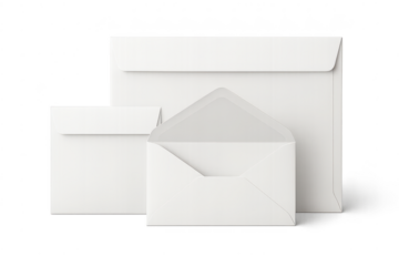 Envelopes mockup, white blank, opened on transparent background design