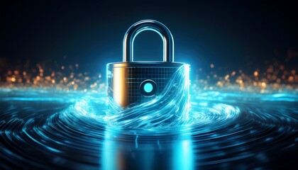 futuristic glowing water padlock with flowing luminous wave symbolizing digital security encryption and fluid cyber protection generative ai