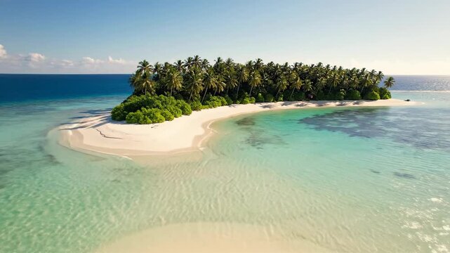 Aerial view of a pristine tropical island paradise with white sand, lush palm trees, and clear turquoise waters, offering an ultimate serene natural escape