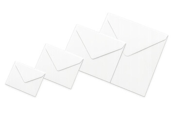 Four white envelopes of increasing size on transparent background