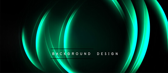 Dark background features glowing turquoise layers forming abstract circular shapes. Text reads background design centered below curves. Minimalist, modern aesthetic.